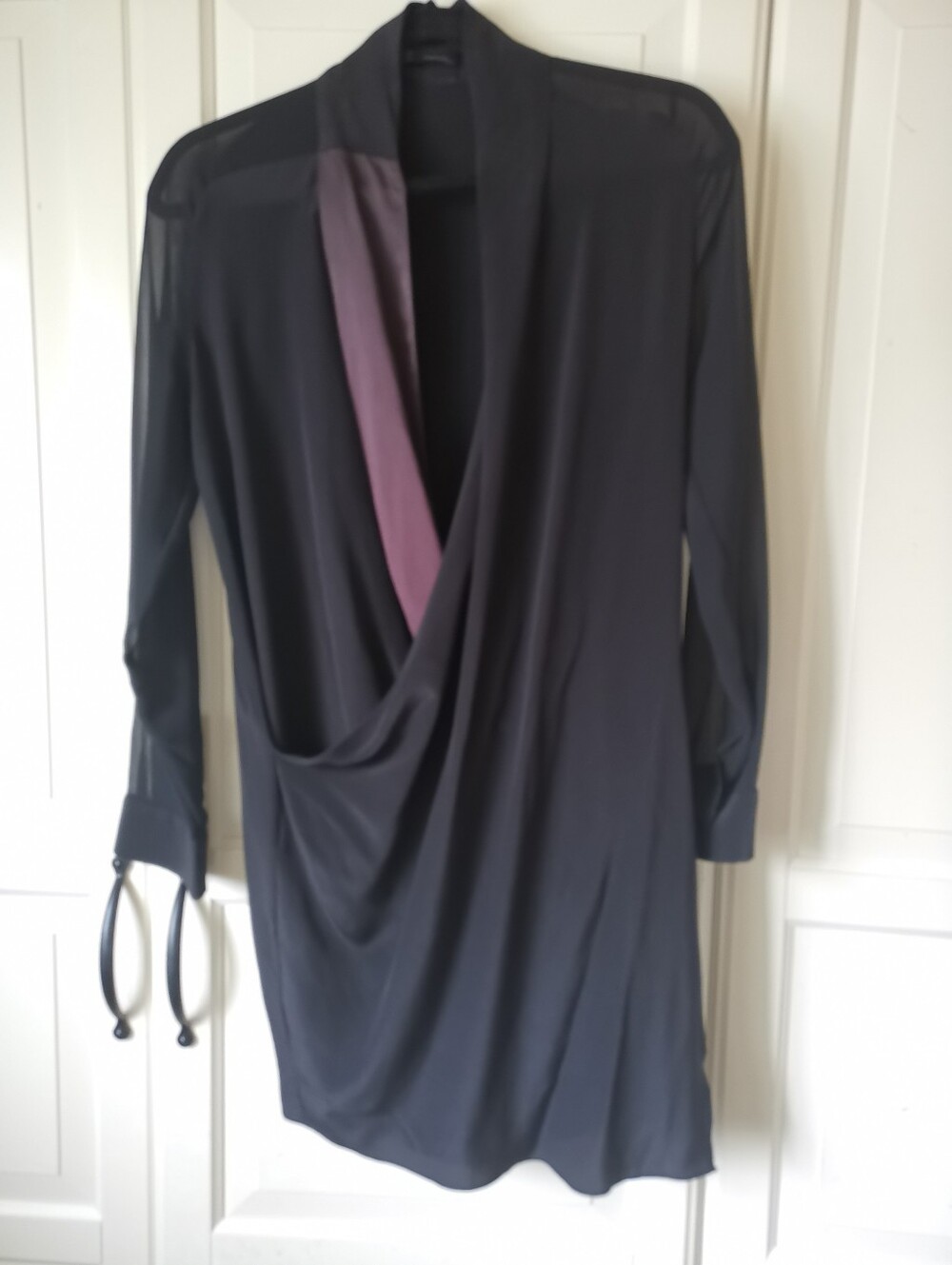 AllSaints 100% Silk Black Drape Neck Sheer Sleeve Mini Dress US 6 UK 10
